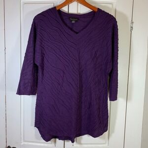 Apropos Purple Textured Wave V-Neck Tunic Top 3/4 Sleeve Womens Size M Lagenlook